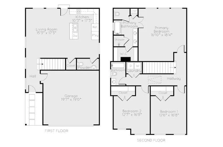 Two-story floor plan. First floor: living room, kitchen with island and pantry, powder room, closet, hall, and garage. Second floor: primary bedroom with bathroom and walk-in closet, two more bedrooms with closets, a bathroom, a laundry room, and a hallway.